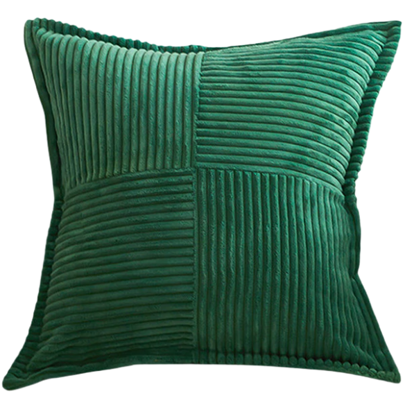 Green corduroy throw pillow cover with geometric striped pattern, 45x45 cm, modern and eco-friendly design, perfect for home décor, living rooms, offices, and patios.