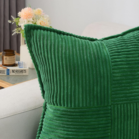 Green corduroy throw pillow cover with geometric striped pattern, 45x45 cm, modern and eco-friendly design, perfect for home décor, living rooms, offices, and patios.