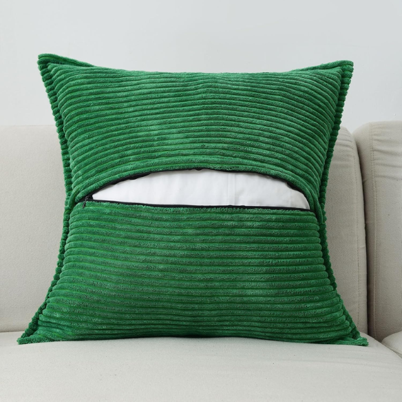 Green corduroy throw pillow cover with geometric striped pattern, 45x45 cm, modern and eco-friendly design, perfect for home décor, living rooms, offices, and patios.