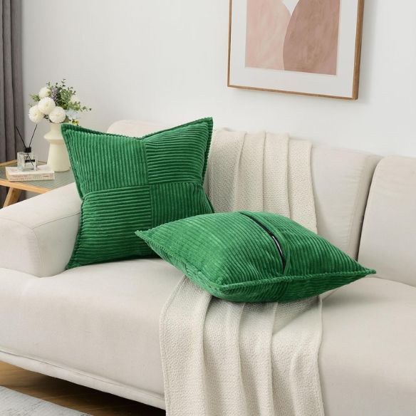 Green corduroy throw pillow cover with geometric striped pattern, 45x45 cm, modern and eco-friendly design, perfect for home décor, living rooms, offices, and patios.
