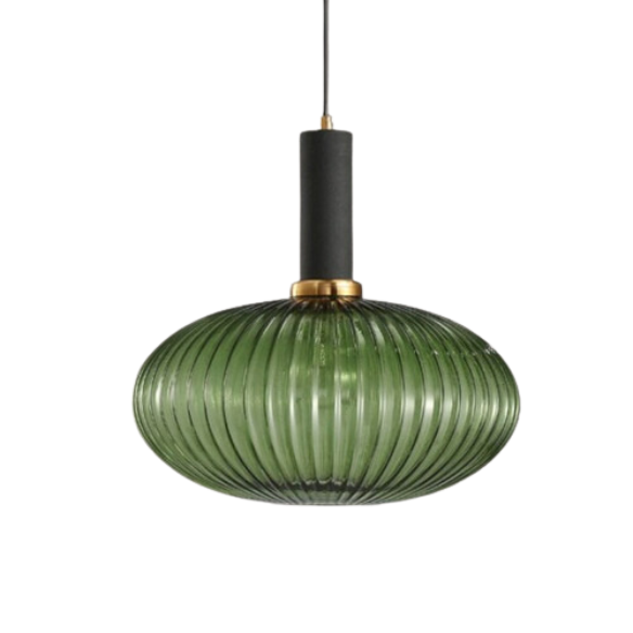 Green glass pendant light with black metal accents and gold finish, modern industrial chandelier for dining room, kitchen, or living room.