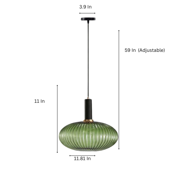 Green glass pendant light with black metal accents and gold finish, modern industrial chandelier for dining room, kitchen, or living room.