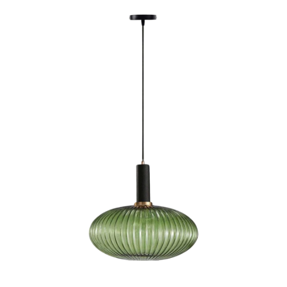 Green glass pendant light with black metal accents and gold finish, modern industrial chandelier for dining room, kitchen, or living room.