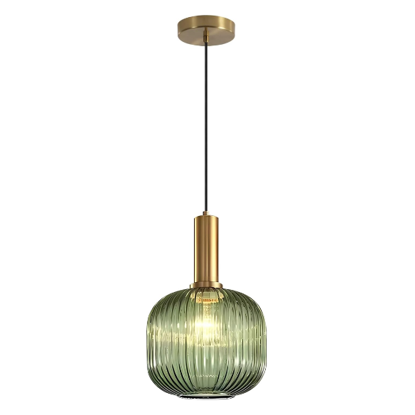 Green glass pendant light with gold accent finishes, modern ceiling fixture for kitchen, dining room, and living room.