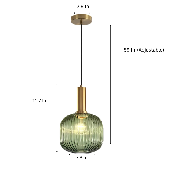 Green glass pendant light with gold accent finishes, modern ceiling fixture for kitchen, dining room, and living room.