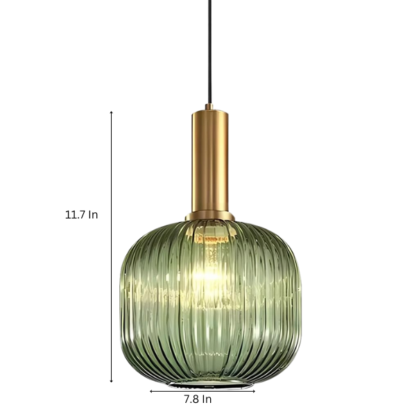 Green glass pendant light with gold accent finishes, modern ceiling fixture for kitchen, dining room, and living room.