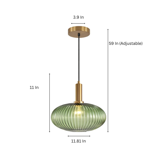 Green glass pendant light with gold accents and matte black metal frame – modern industrial chandelier for dining, living room, or kitchen.