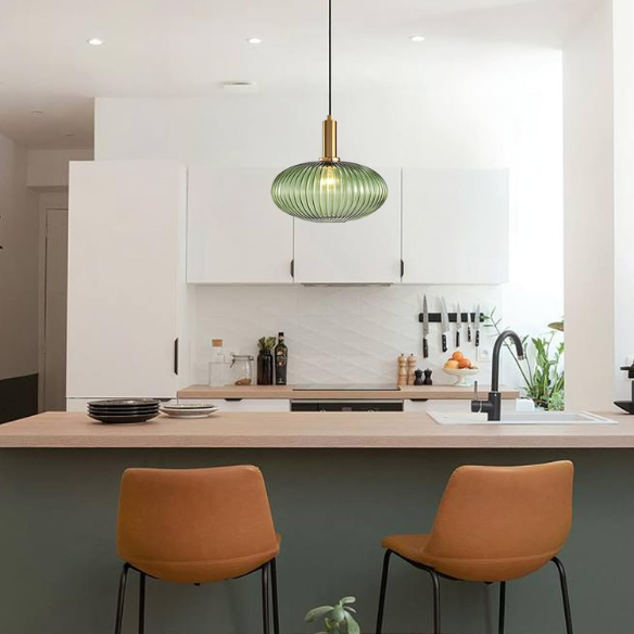 Green glass pendant light with gold accents and matte black metal frame – modern industrial chandelier for dining, living room, or kitchen.
