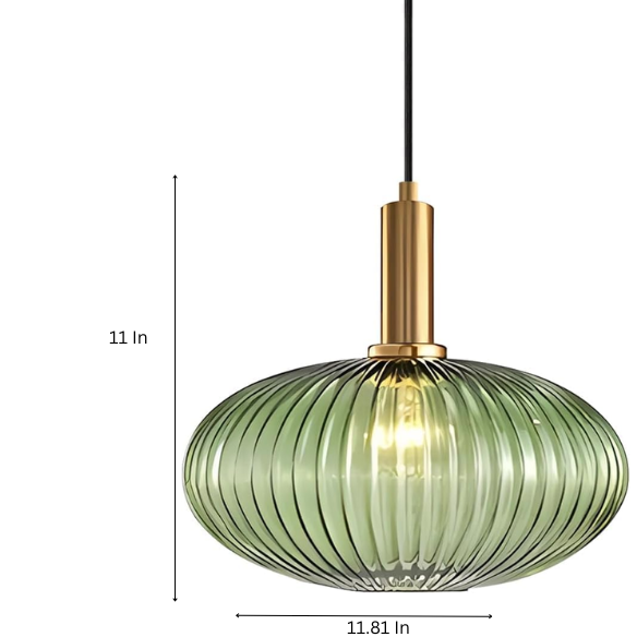 Green glass pendant light with gold accents and matte black metal frame – modern industrial chandelier for dining, living room, or kitchen.
