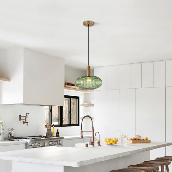 Green glass pendant light with gold accents and matte black metal frame – modern industrial chandelier for dining, living room, or kitchen.