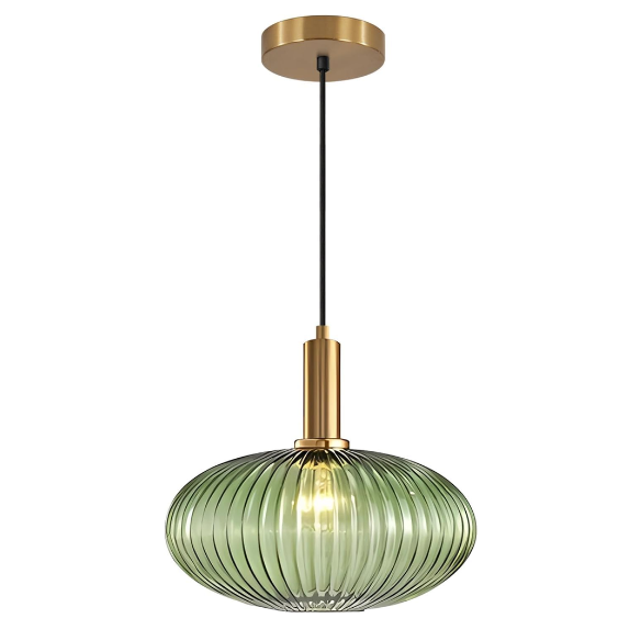Green glass pendant light with gold accents and matte black metal frame – modern industrial chandelier for dining, living room, or kitchen.