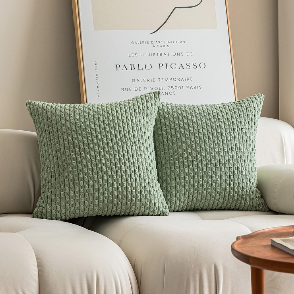 Green Striped Corduroy Throw Pillow Cover – Modern Boho Style with Zipper Closure, Multiple Sizes Available