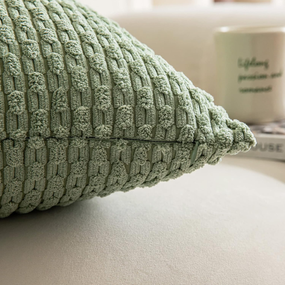 Green Striped Corduroy Throw Pillow Cover – Modern Boho Style with Zipper Closure, Multiple Sizes Available