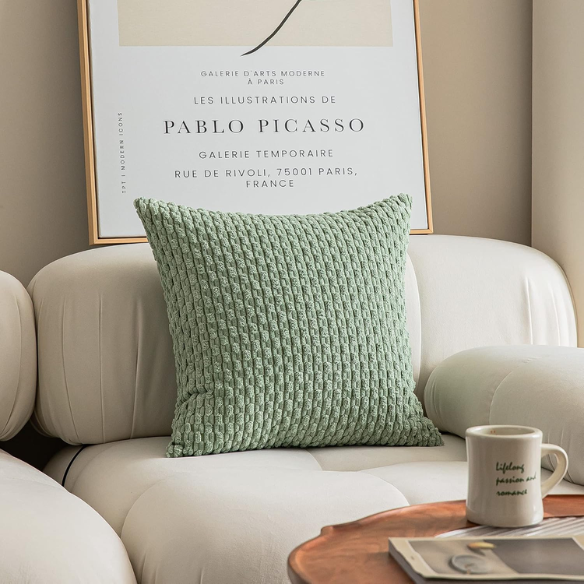 Green Striped Corduroy Throw Pillow Cover – Modern Boho Style with Zipper Closure, Multiple Sizes Available