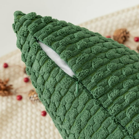 Green striped corduroy throw pillow cover with zipper closure, ideal for modern and boho home décor.