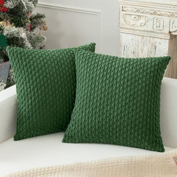 Green striped corduroy throw pillow cover with zipper closure, ideal for modern and boho home décor.