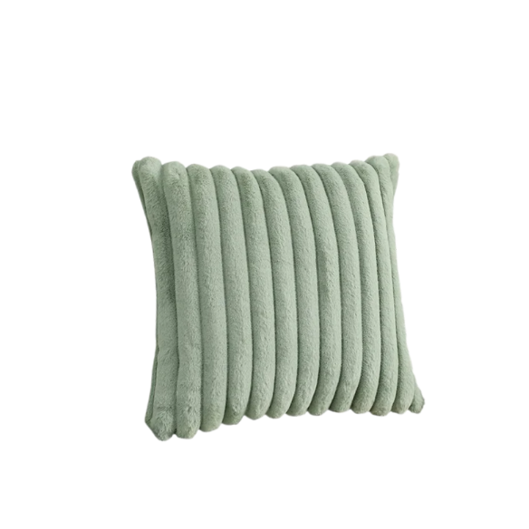 Soft green striped throw pillow cover with faux wool front and velvet back, 16x16 size.