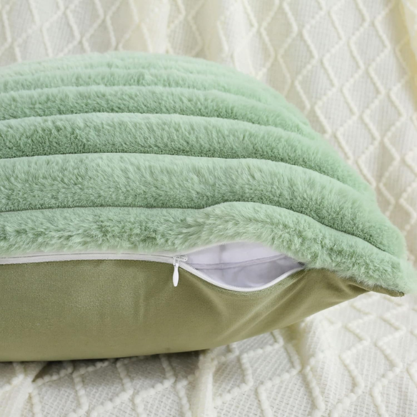 Soft green striped throw pillow cover with faux wool front and velvet back, 16x16 size.