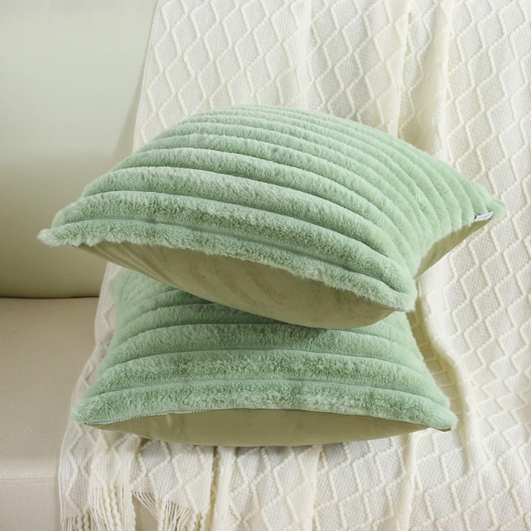 Soft green striped throw pillow cover with faux wool front and velvet back, 16x16 size.
