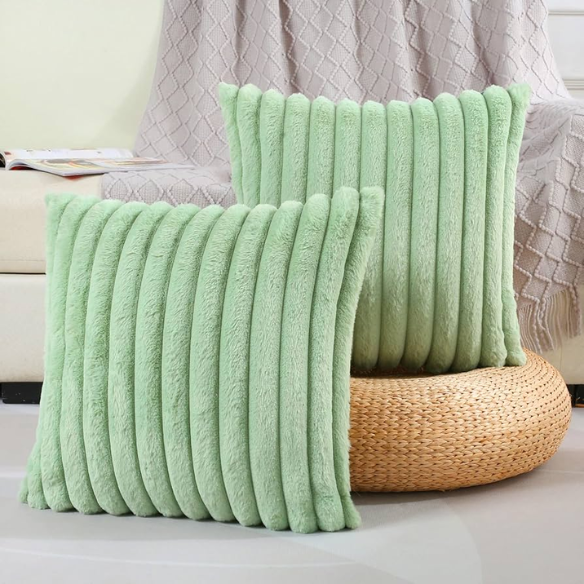 Soft green striped throw pillow cover with faux wool front and velvet back, 16x16 size.