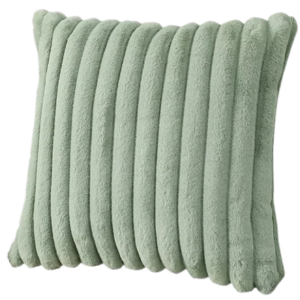 Soft green striped throw pillow cover with faux wool front and velvet back, 16x16 size.