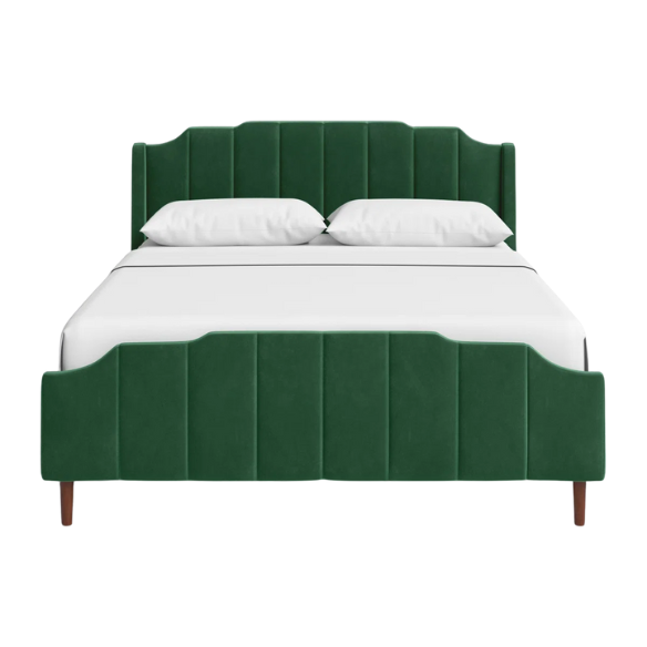 Green velvet queen platform bed with vertical channel tufted headboard, solid wood frame, and tapered legs – no box spring required