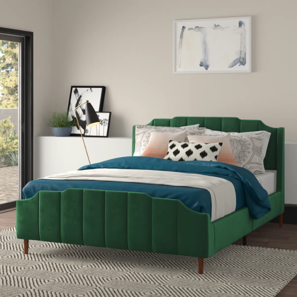 Green velvet queen platform bed with vertical channel tufted headboard, solid wood frame, and tapered legs – no box spring required