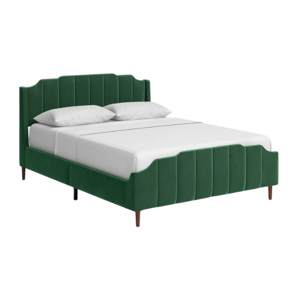Green velvet queen platform bed with vertical channel tufted headboard, solid wood frame, and tapered legs – no box spring required