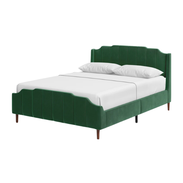Green velvet queen platform bed with vertical channel tufted headboard, solid wood frame, and tapered legs – no box spring required