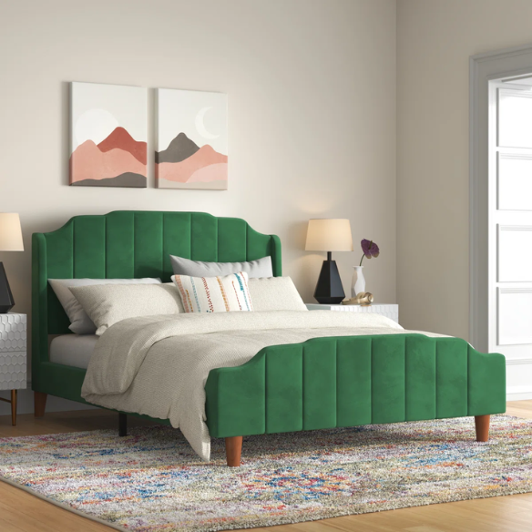 Green velvet queen platform bed with vertical channel tufted headboard, solid wood frame, and tapered legs – no box spring required