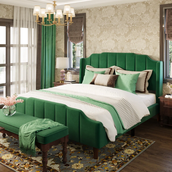 Green velvet queen platform bed with vertical channel tufted headboard, solid wood frame, and tapered legs – no box spring required