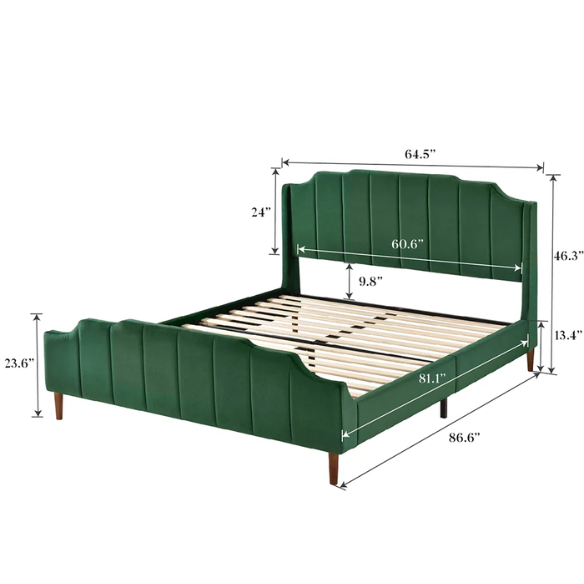 Green velvet queen platform bed with vertical channel tufted headboard, solid wood frame, and tapered legs – no box spring required