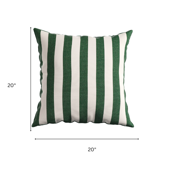 Striped accent pillow in green and white – reversible, weather-resistant, and overstuffed with polyester fill for both indoor and outdoor use.