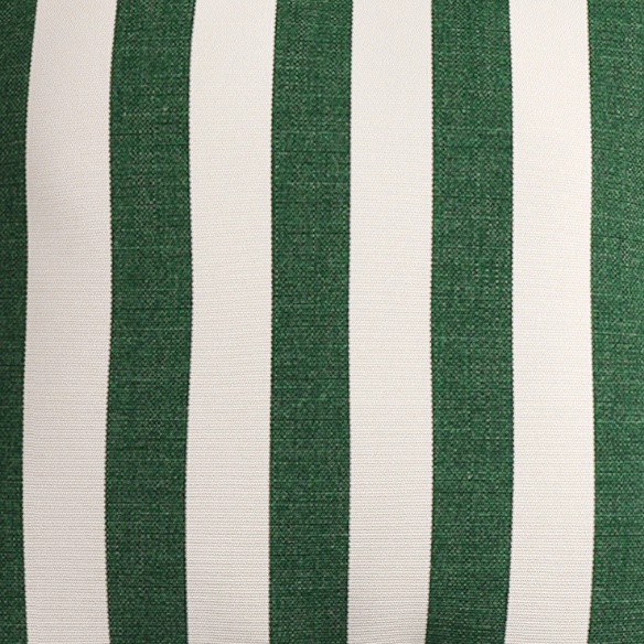 Striped accent pillow in green and white – reversible, weather-resistant, and overstuffed with polyester fill for both indoor and outdoor use.