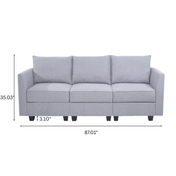 Grey 3-piece modular sofa with storage, flared arms, and deep seating — ideal for small apartments and contemporary interiors.