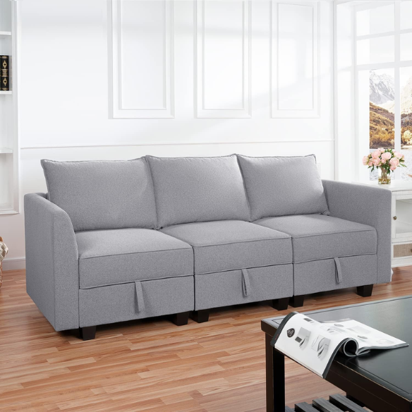 Grey 3-piece modular sofa with storage, flared arms, and deep seating — ideal for small apartments and contemporary interiors.