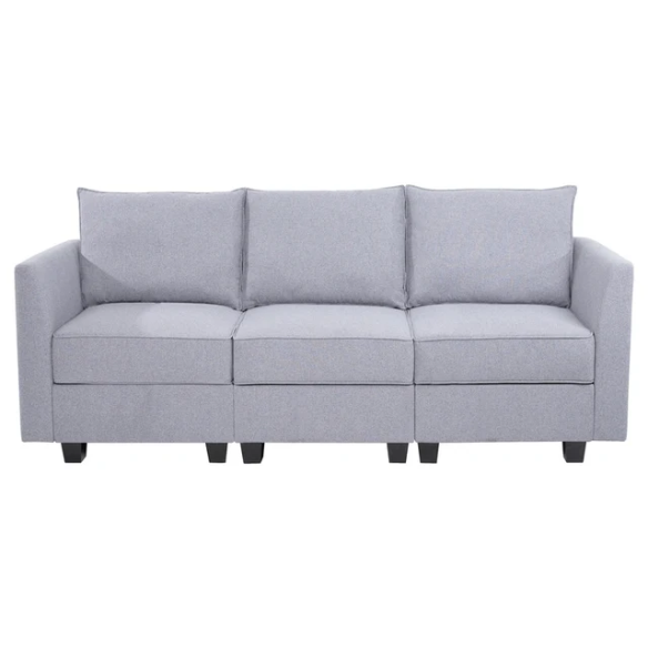 Grey 3-piece modular sofa with storage, flared arms, and deep seating — ideal for small apartments and contemporary interiors.