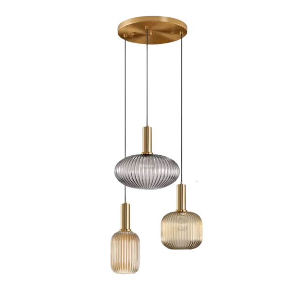 Grey and Amber Glass Pendant Light with Gold Accents – Modern Chandelier Design for Living Room, Dining Room, Kitchen