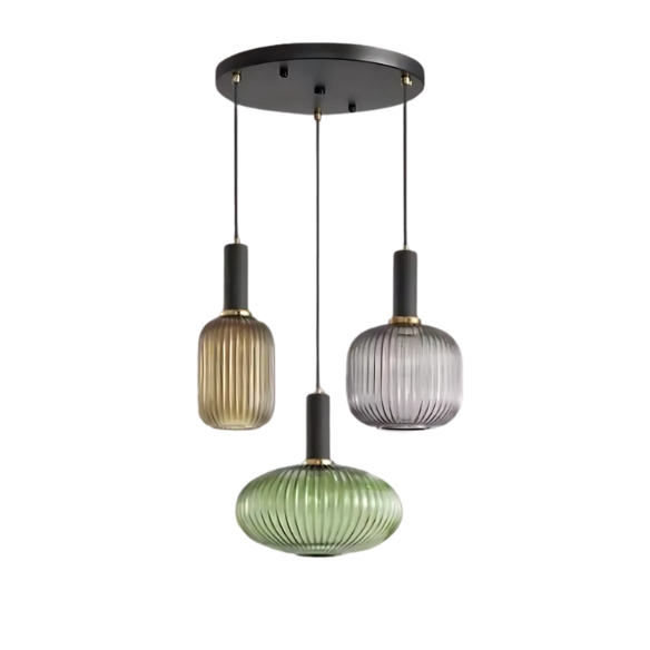 Grey, Amber, and Green Glass Pendant Light with Gold Accents – Modern Chandelier for Dining, Living, and Kitchen