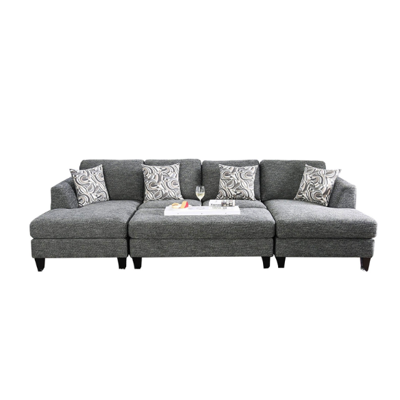 4-piece grey modular sectional sofa with dual chaises, chenille upholstery, flared arms, and accent pillows