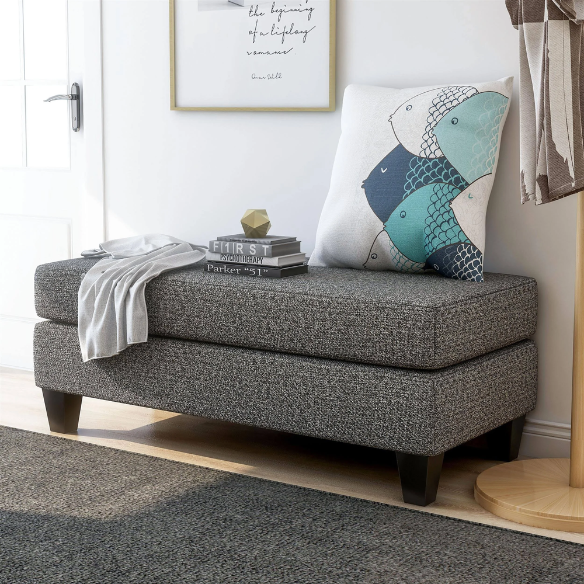4-piece grey modular sectional sofa with dual chaises, chenille upholstery, flared arms, and accent pillows