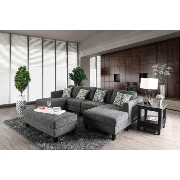 4-piece grey modular sectional sofa with dual chaises, chenille upholstery, flared arms, and accent pillows