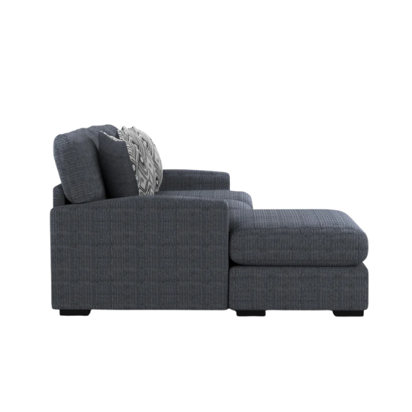 Modern grey chenille sectional sofa with chaise lounge, geometric accent pillows, and track arms in a contemporary living room setting.