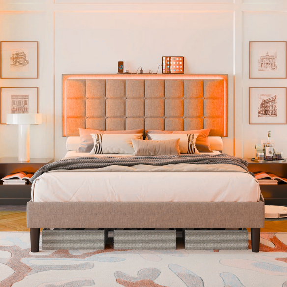 Grey full size button-tufted upholstered platform bed with LED lighted headboard and built-in charging ports.