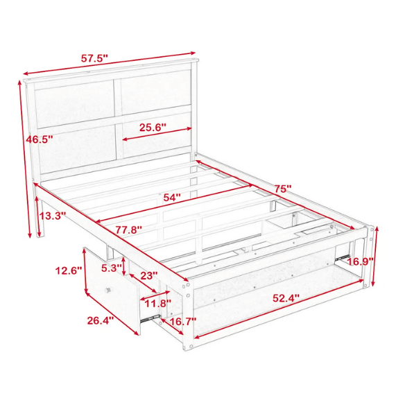 Modern grey full size platform bed with wooden headboard, two storage drawers, and built-in footboard shelf.