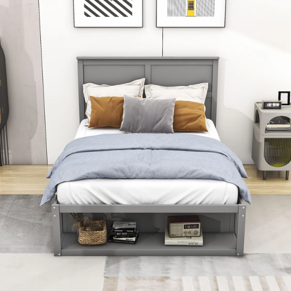 Modern grey full size platform bed with wooden headboard, two storage drawers, and built-in footboard shelf.