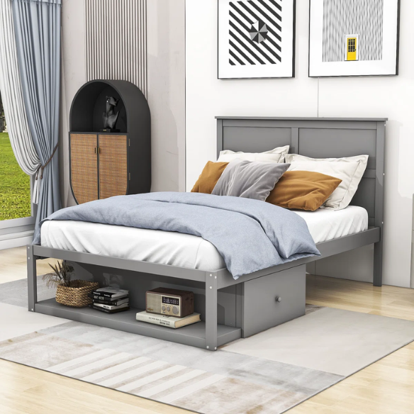 Modern grey full size platform bed with wooden headboard, two storage drawers, and built-in footboard shelf.