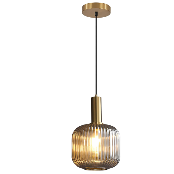 Grey glass pendant light with gold accent finishes, modern ceiling fixture for kitchen, dining room, and living room.
