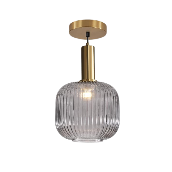 Grey glass pendant light with gold accent finishes, modern ceiling fixture for kitchen, dining room, and living room.