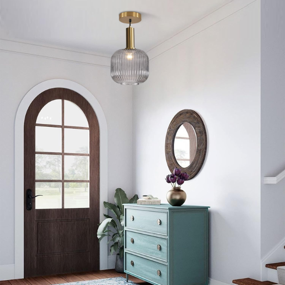 Grey glass pendant light with gold accent finishes, modern ceiling fixture for kitchen, dining room, and living room.